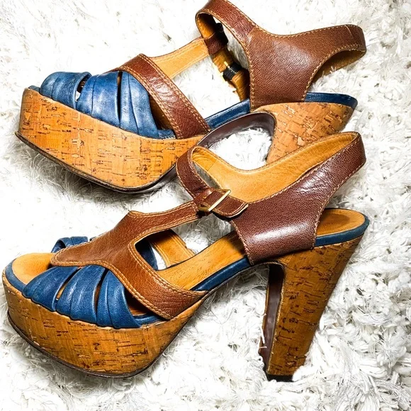 Chie Mihara Blue and Brown Cork Platform Heels Anthropologie - Picture 1 of 7